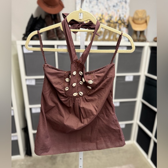 Kiran Exports Tops - Kiran Exports Y2K Halter Neck Brown Top with Shell Accents